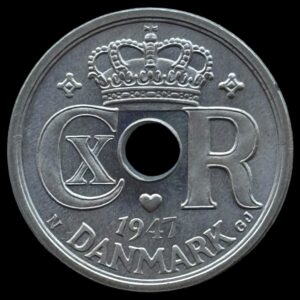 1947, 25 øre, Chr.X, Sieg 4.2, Hede 24B, Kva. M "Ex. Bent Petersen"