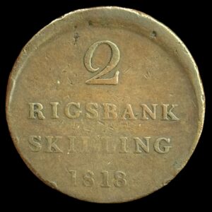 1818, 2 rigsbankskilling, Fre.VI, Sieg 18, Hede 36, Kva. 1 "Fejlpræg, Tallerkenpræg"