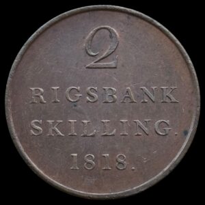 1818, 2 rigsbankskilling, Fre.VI, Sieg 18, Hede 36, Kva. 0, Pragteksemplar "håndteringspor"