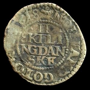 1618 Kløver, 2 skilling, Chr.IV, Sieg 30.3, Hede 79C, Kva. 1-1+ "Meget sjælden"