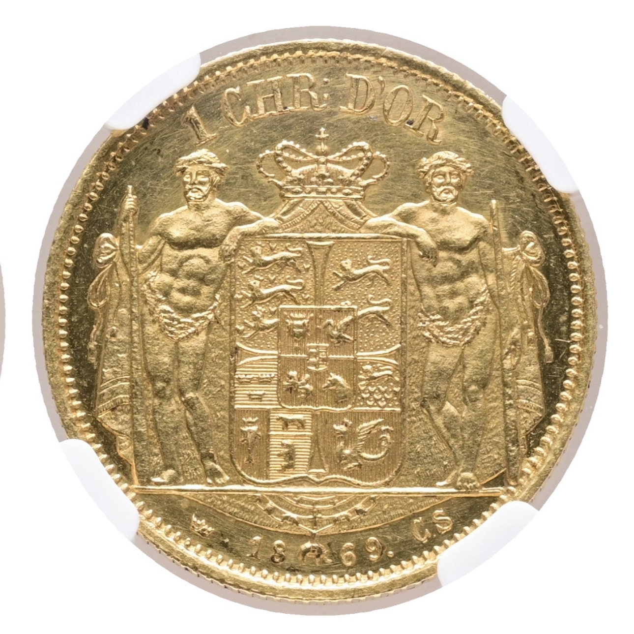 Christian IX (1863-1906), Christian d’or 1869, København, Hede 2, Sieg 6, graderet MS 61 PL af NGC. Danmarks sjældneste d’or-type produceret i kun 539 eksemplarer, hvoraf de 500 var til Kongehuset. Udmøntningen foregik fra den 28. juni til den 3. juli 1869. Sælges i samarbejde med Oslo Møntgalleri A/S Danmark. - Image 2