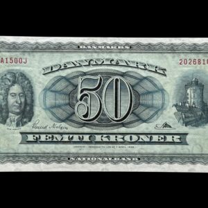 50 kroner 1956 A1 0J, Riim/Svend Nielsen, Nr. 2026810, Sieg 134, DOP 143, Pick 45, Kva. 01