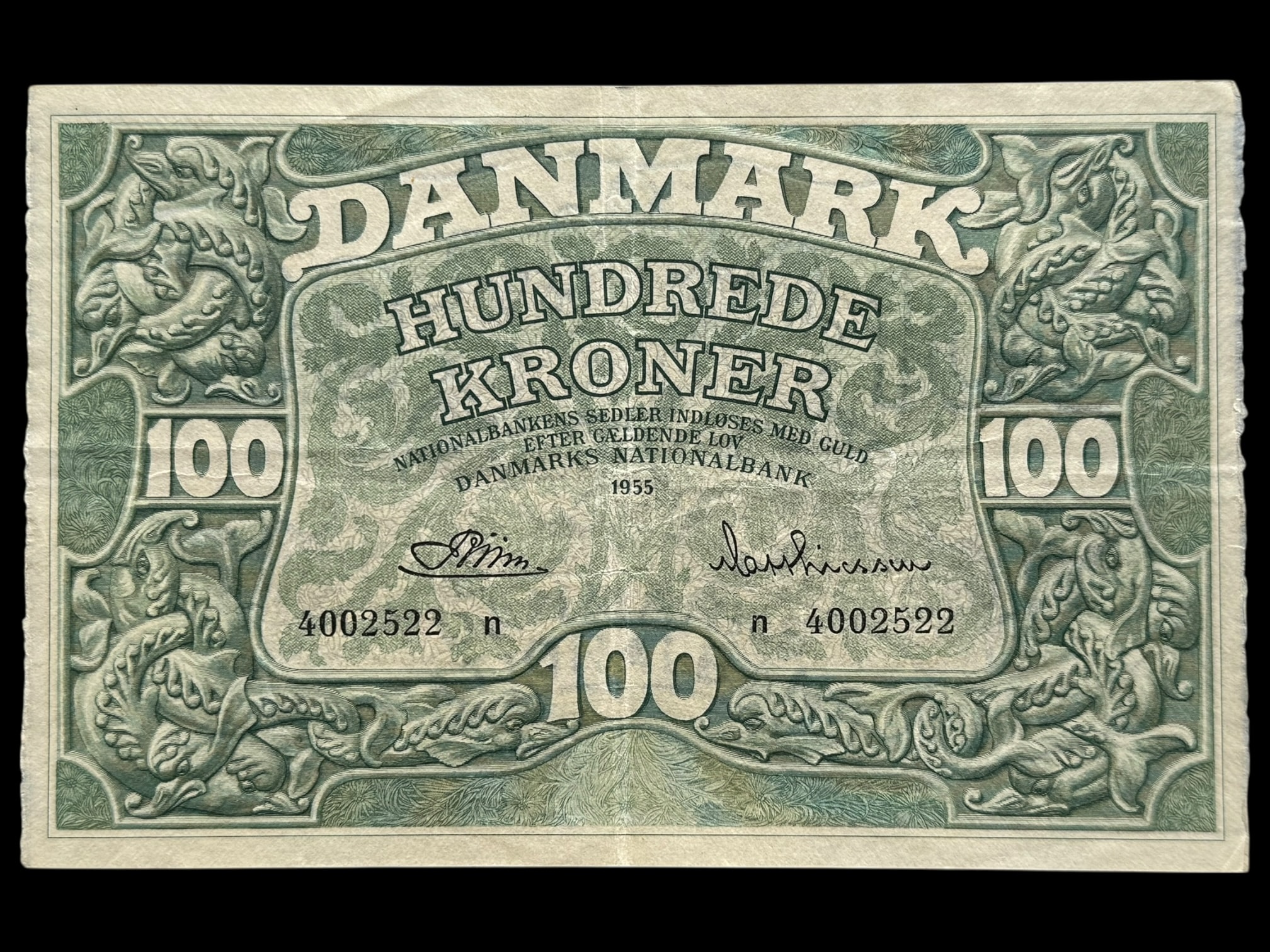 100 kroner 1955 n, Riim/Matthiesen, Nr. 4002522, Sieg 126, DOP 135, Pick 39, Kva. 1+-01