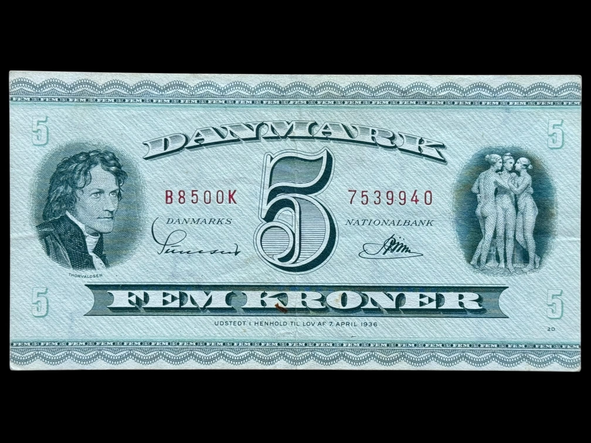 5 kroner 1950 B8 0K "1958", Riim/Sunesen, Nr. 7539940, Sieg 128, Pick 42, DOP 137, Kva. 1+ "Uhyre sjælden Erstatningseddel"