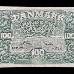 100 kroner 1957 o, Riim/Teilmann, Nr. 8437926, Sieg 126, Pick 39, DOP 135, Kva. 1-1+
