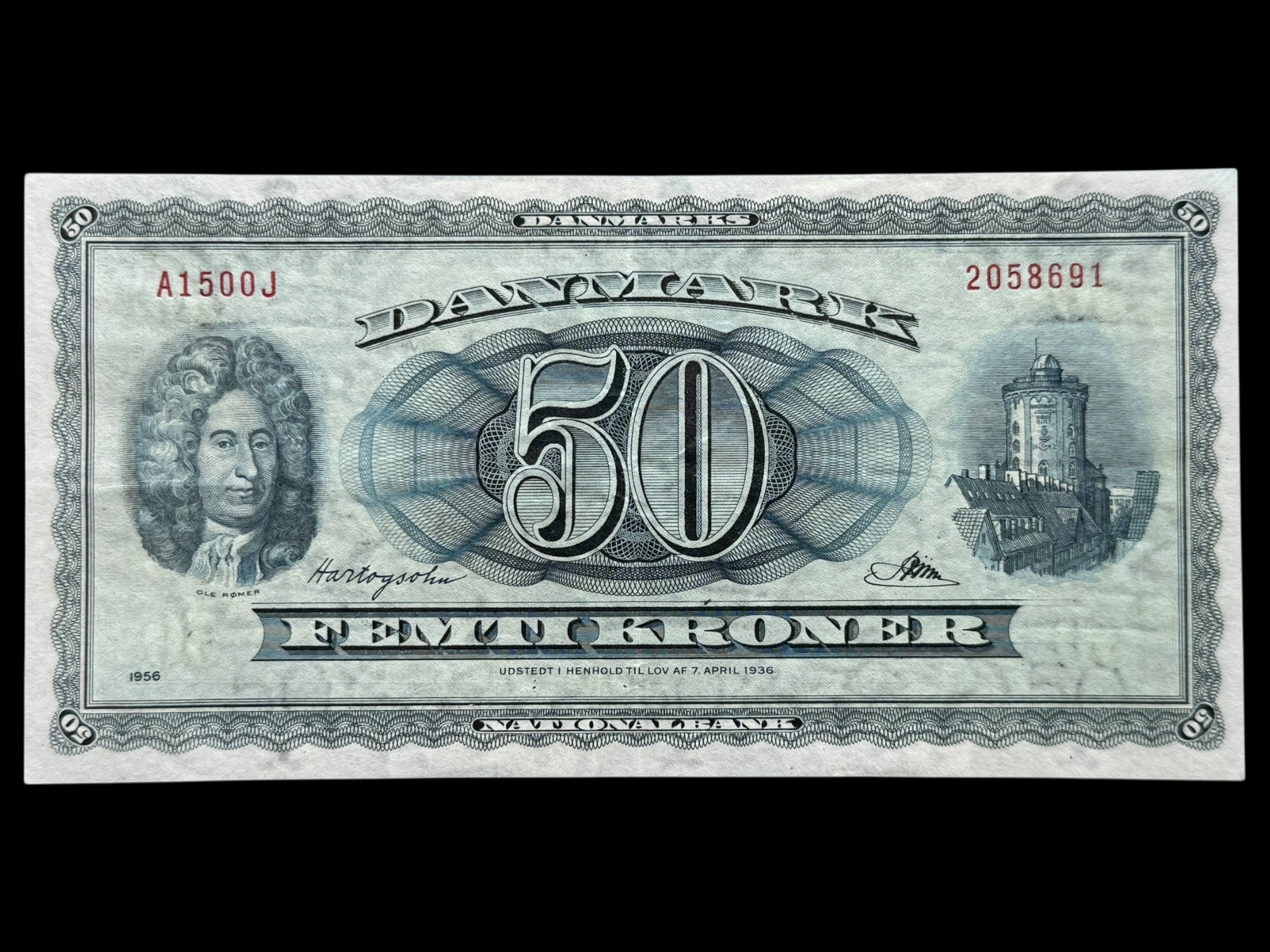 50 kroner 1956 A1 0J, Riim/Hartogsohn, Nr. 2058691, Sieg 134, DOP 143, Pick 45, Kva. 01