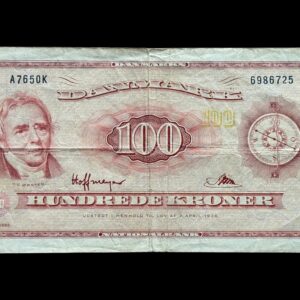 100 kroner 1965 A7 0K, Riim/Hoffmeyer, Nr. 6986725, Sieg 137, DOP 146, Pick 46r, Kva. 1 "Uhyre sjælden erstatningsseddel"