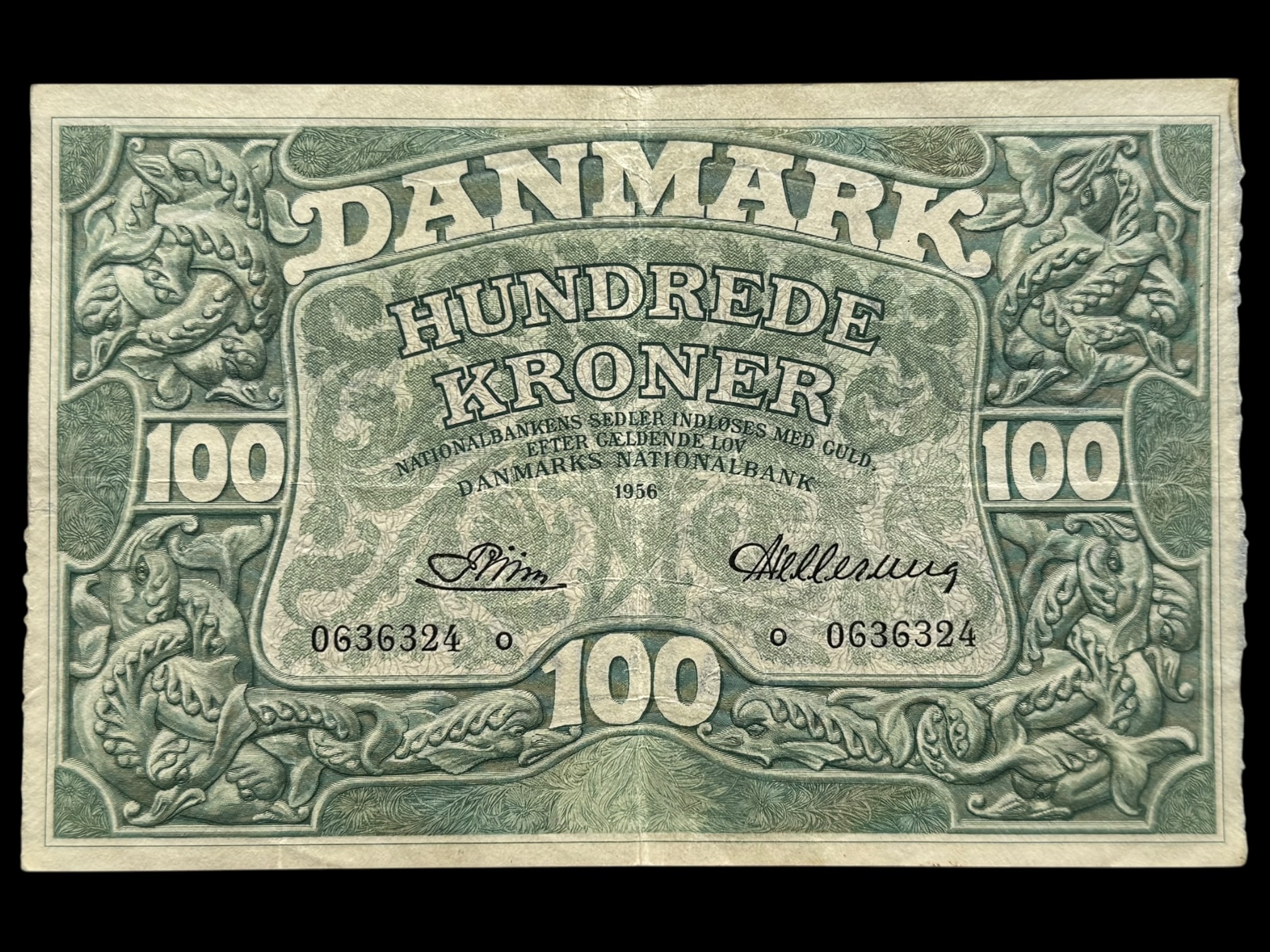 100 kroner 1956 o, Riim/Hellerung, Nr. 0636324, Sieg 126, DOP 135, Pick 39, Kva. 1+ plet