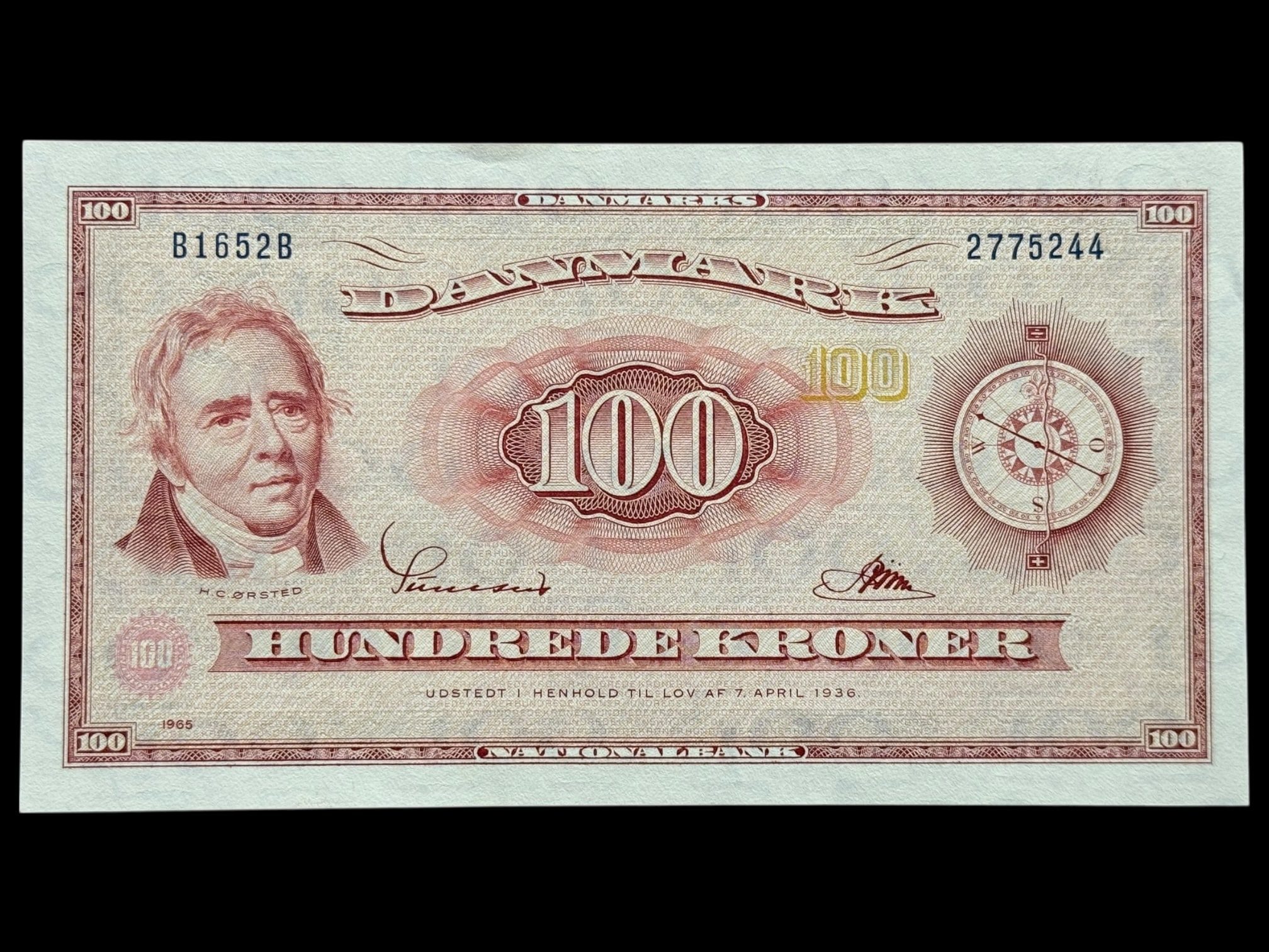 100 kroner 1965 B1, Riim/Sunesen, Nr. 2775244, Sieg 137, DOP 146, Pick 46, Kva. 0-01 "Tællefold"