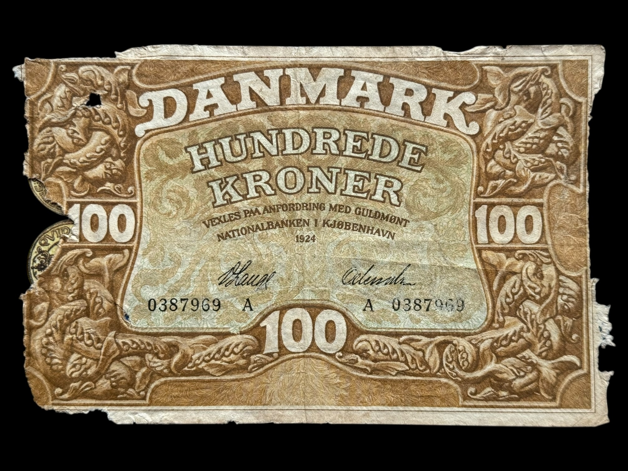 100 kroner 1924 A, V.Lange/Odewahn, Nr. 0387969, Sieg 119, DOP 116, Pick 23, Kva. 2 ''underskriftskombination er ikke registreret i Sieg" Sjælden
