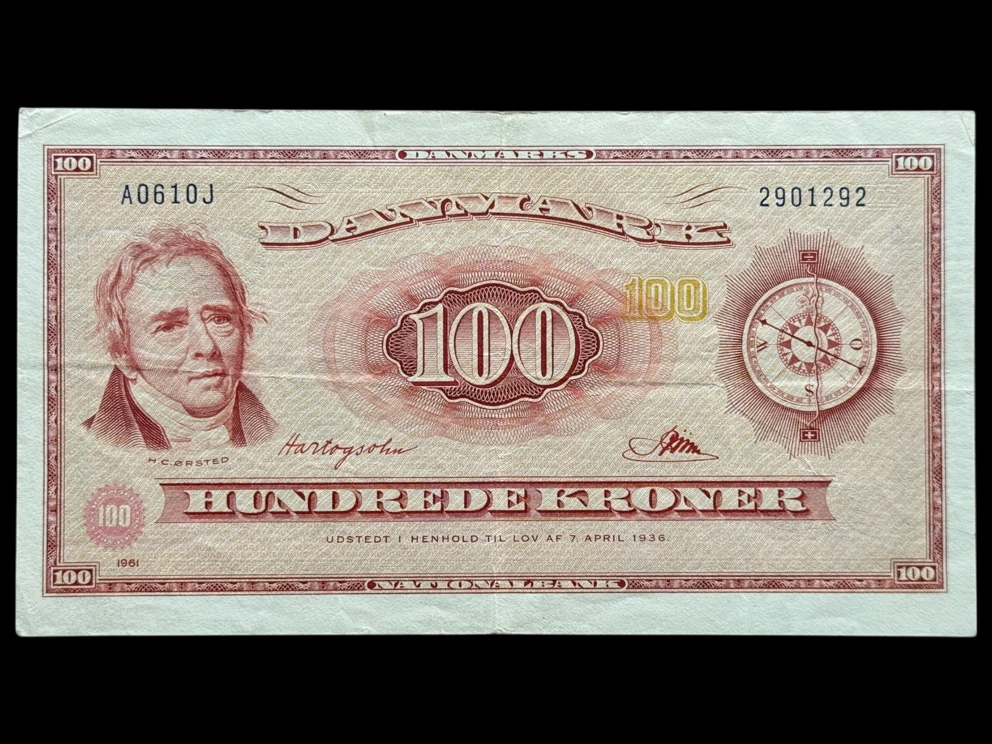 100 kroner 1961 A0 0J, Riim/Hartogsohn, Nr. 2901292, Sieg 136, DOP 145, Pick 46r, Kva. 1+