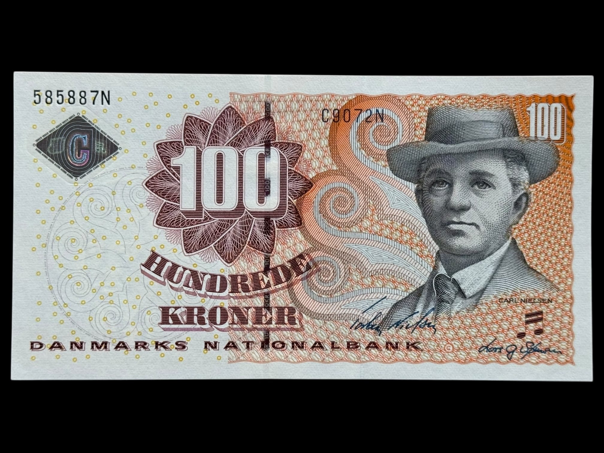 100 kroner 2007 C9, Lars G. Sørensen/Torben Nielsen, Nr. 585887N, Sieg 152, Pick 61, Kva. 0