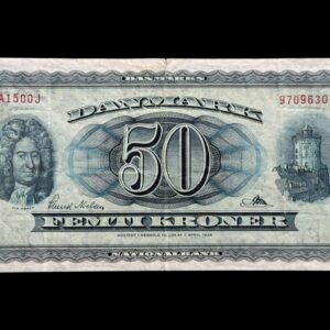 50 kroner 1957 A1 0J, Riim/Svend Nielsen, Nr. 9709630, Sieg 134, DOP 143, Pick 45, Kva. 1