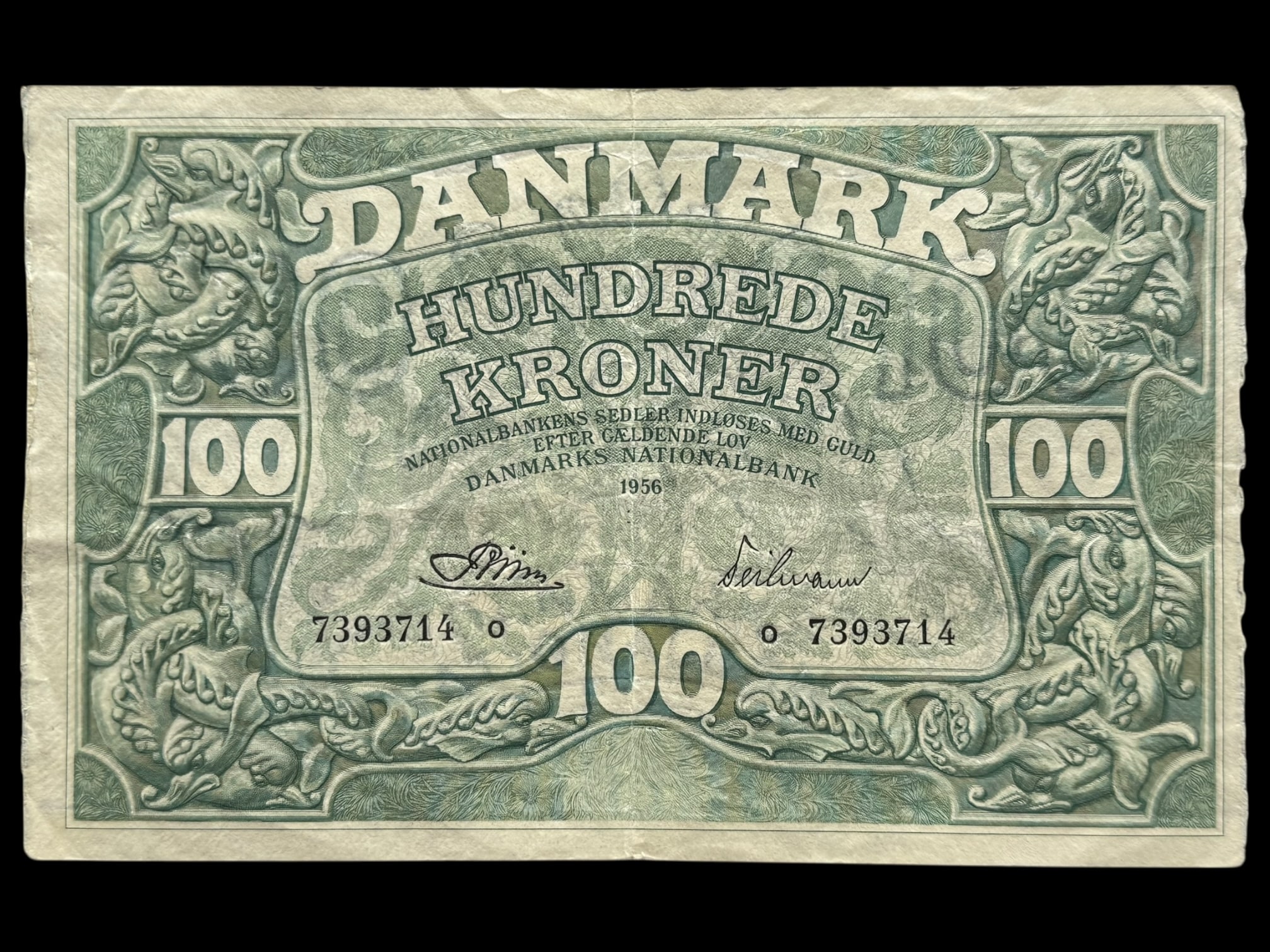 100 kroner 1956 o, Riim/Teilmann, Nr. 7393714, Sieg 126, DOP 135, Pick 39, Kva. 1+