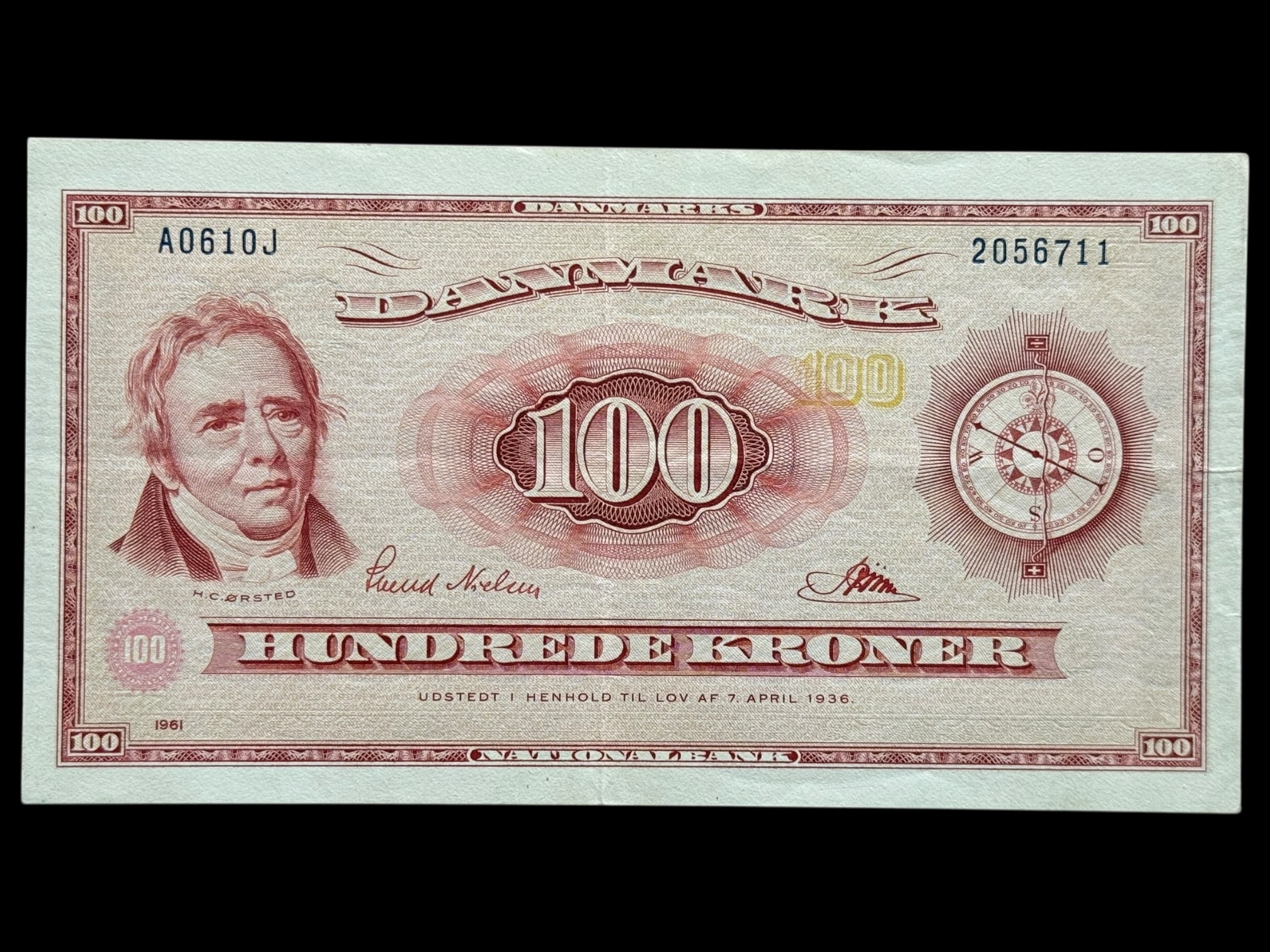 100 kroner 1961 A0 0J, Riim/Svend Nielsen, Nr. 2056711, Sieg 136, DOP 145, Pick 46r, Kva. 1+-01