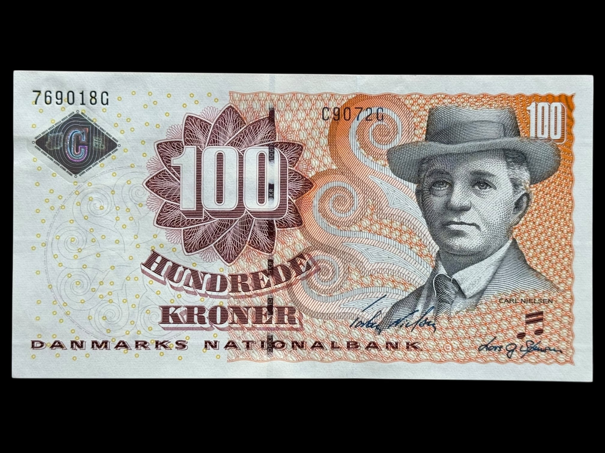100 kroner 2007 C9, Lars G. Sørensen/Torben Nielsen, Nr. 769018G, Sieg 152, Pick 61, Kva. 0