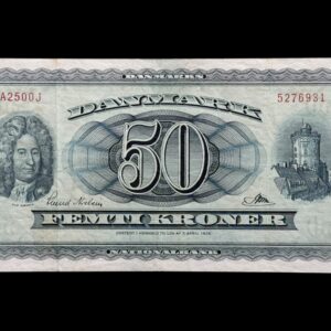 50 kroner 1958 A2 0J, Riim/Svend Nielsen, Nr. 5276931, Sieg 134, DOP 143, Pick 45, Kva. 1+ Plet