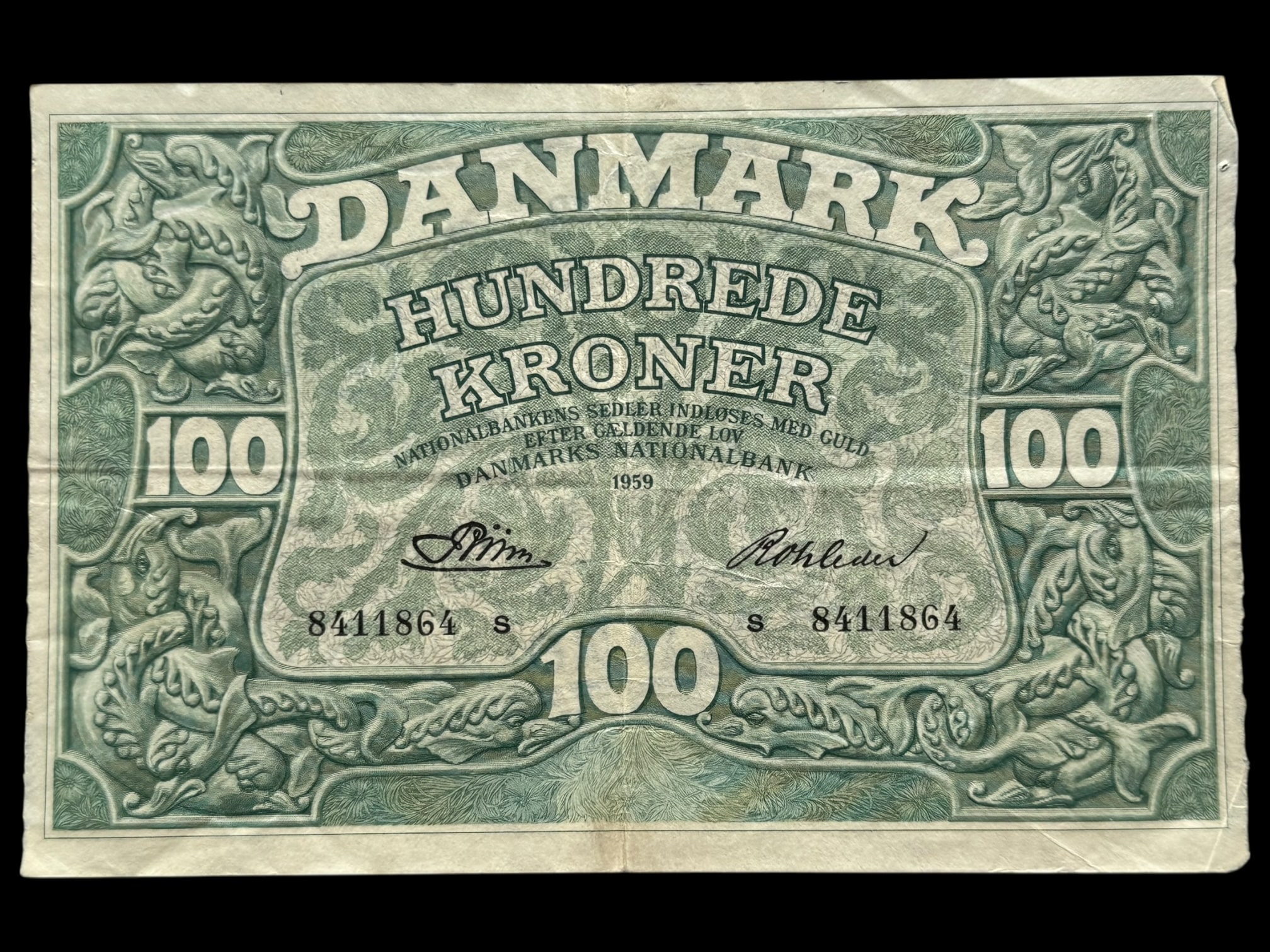 100 kroner 1959 s, Riim/Rohleder, Nr. 8411864, Sieg 126, DOP 135, Pick 39, Kva. 1+
