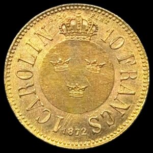Sverige, 1 Carolin / 10 Francs 1872, Carl XV, KM 716, Fr 92, SM Kva. 0-01 "Pragteksemplar"