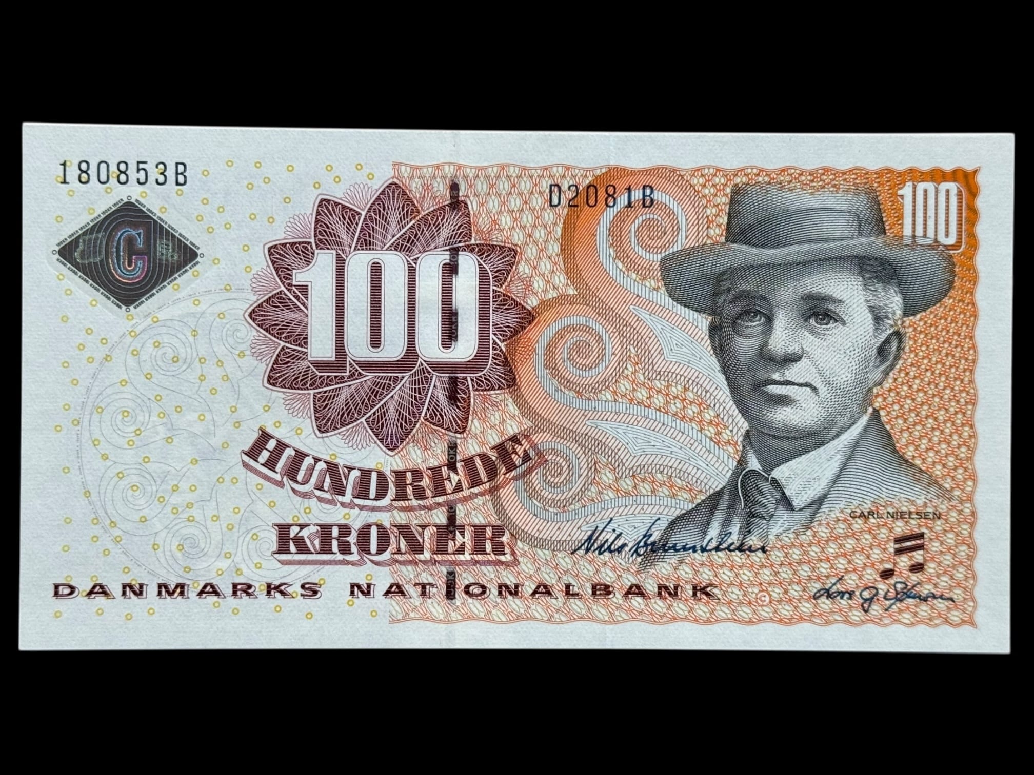 100 kroner 2008 D2, Lars G. Sørensen/Torben Nielsen, Nr. 180853B, Sieg 152, Pick 61, Kva. 0