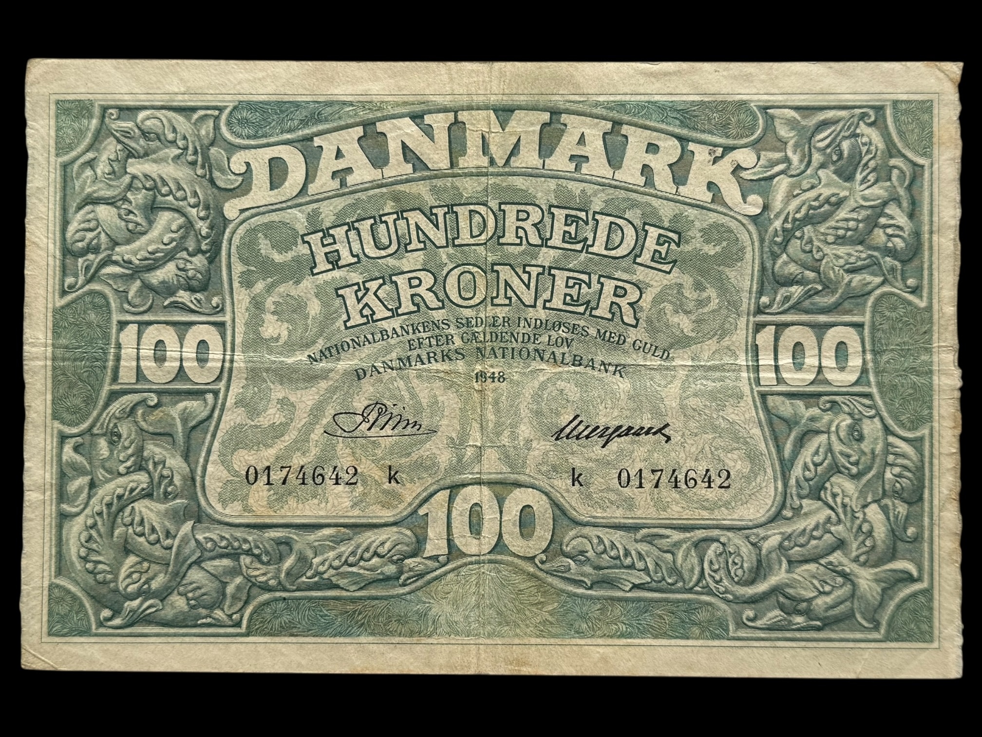 100 kroner 1948 k, Riim/Neergaard, Nr. 0174642, Sieg 126, DOP 135, Pick 39, Kva. 1-1+