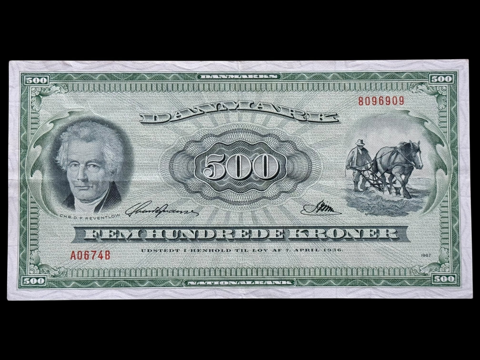 500 kroner 1967 A0, Riim/Svend Andersen, Nr. 8096909, Sieg 138, Pick 47c, DOP 147, Kva. 1+-01