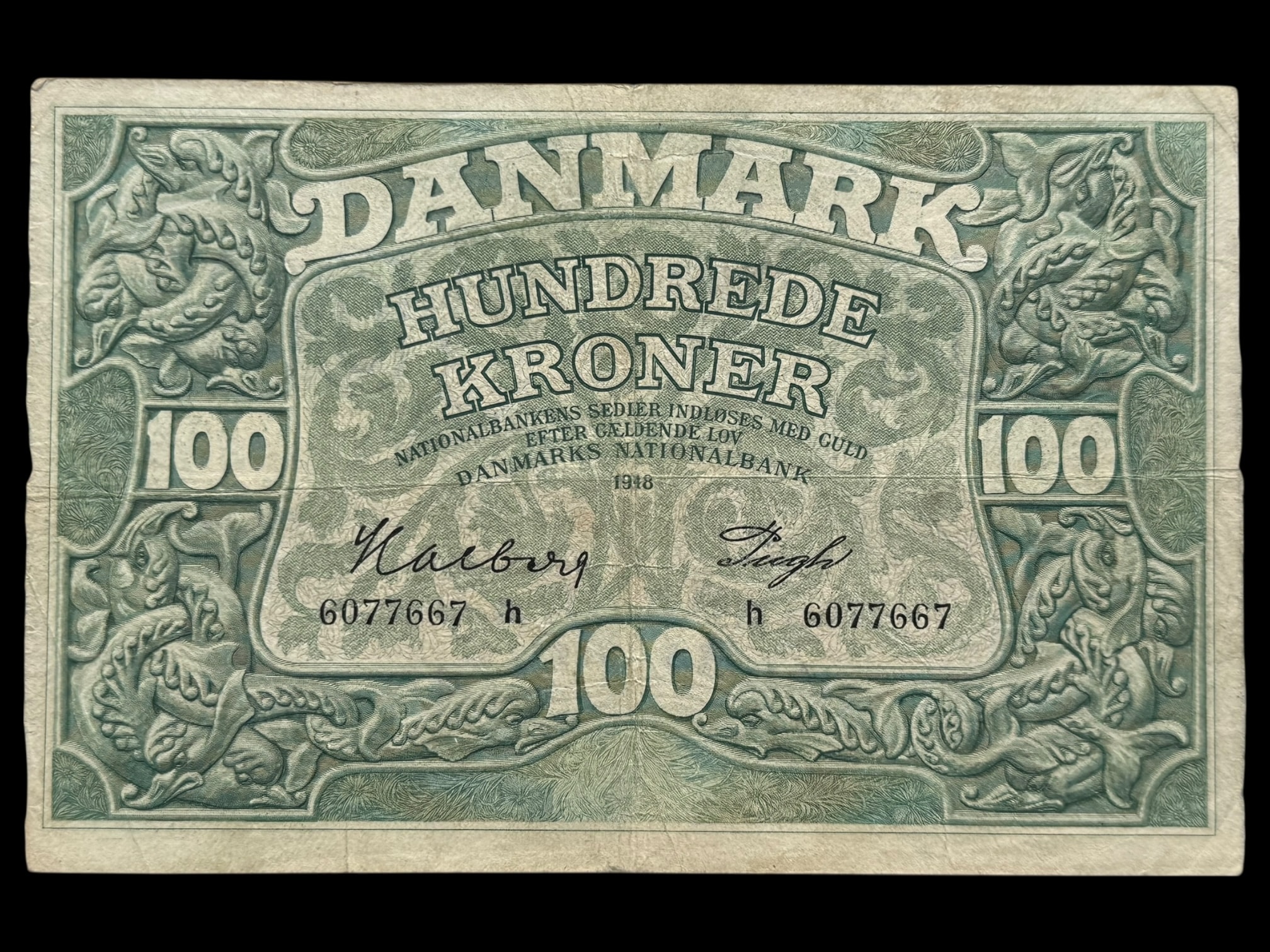 100 kroner 1948 h, Halberg/Pugh, Nr. 6077667, Sieg 126, DOP 135, Pick 39, Kva. 1-1+