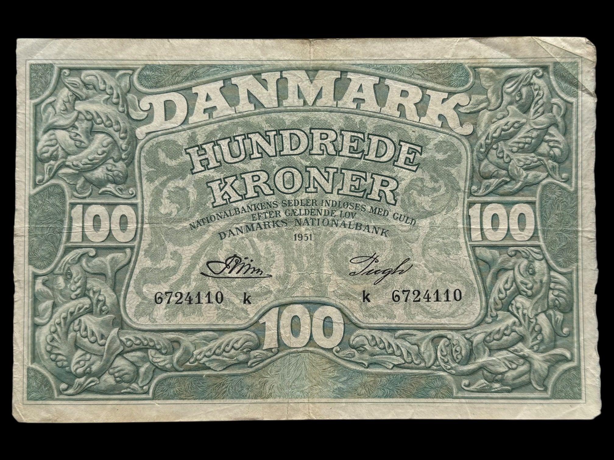 100 kroner 1951 k, Riim/Pugh, Nr. 6724110, Sieg 126, DOP 135, Pick 39, Kva. 1