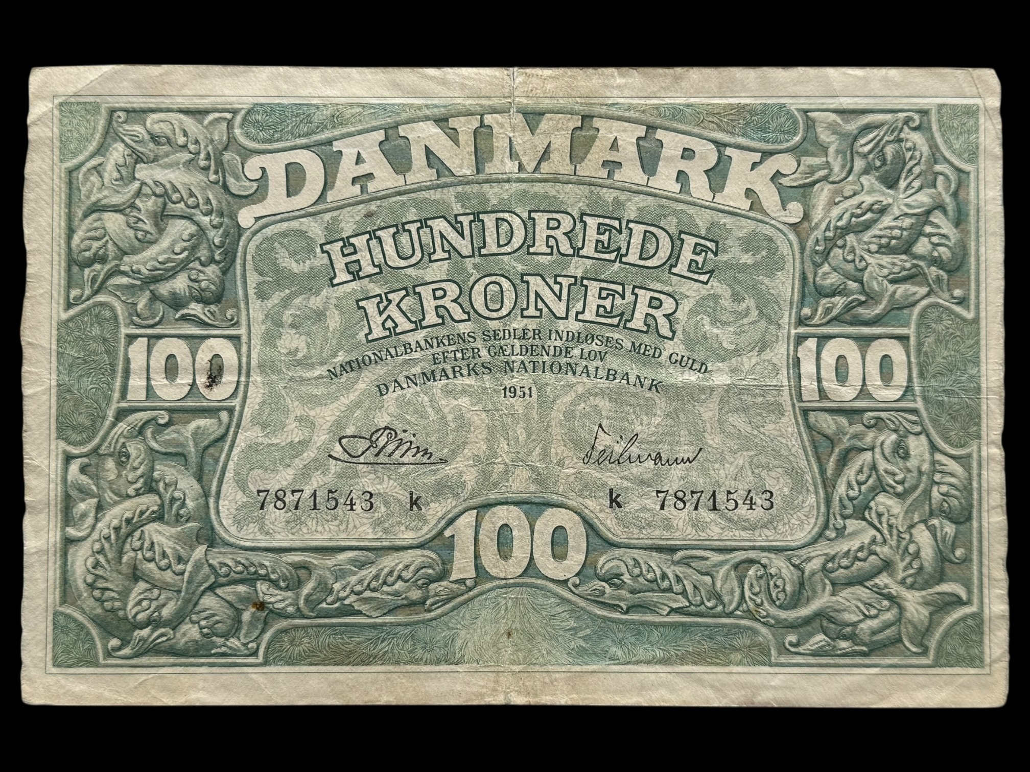 100 kroner 1951 k, Riim/Teilmann, Nr. 7871543, Sieg 126, DOP 135, Pick 39, Kva. 1, 8mm rift