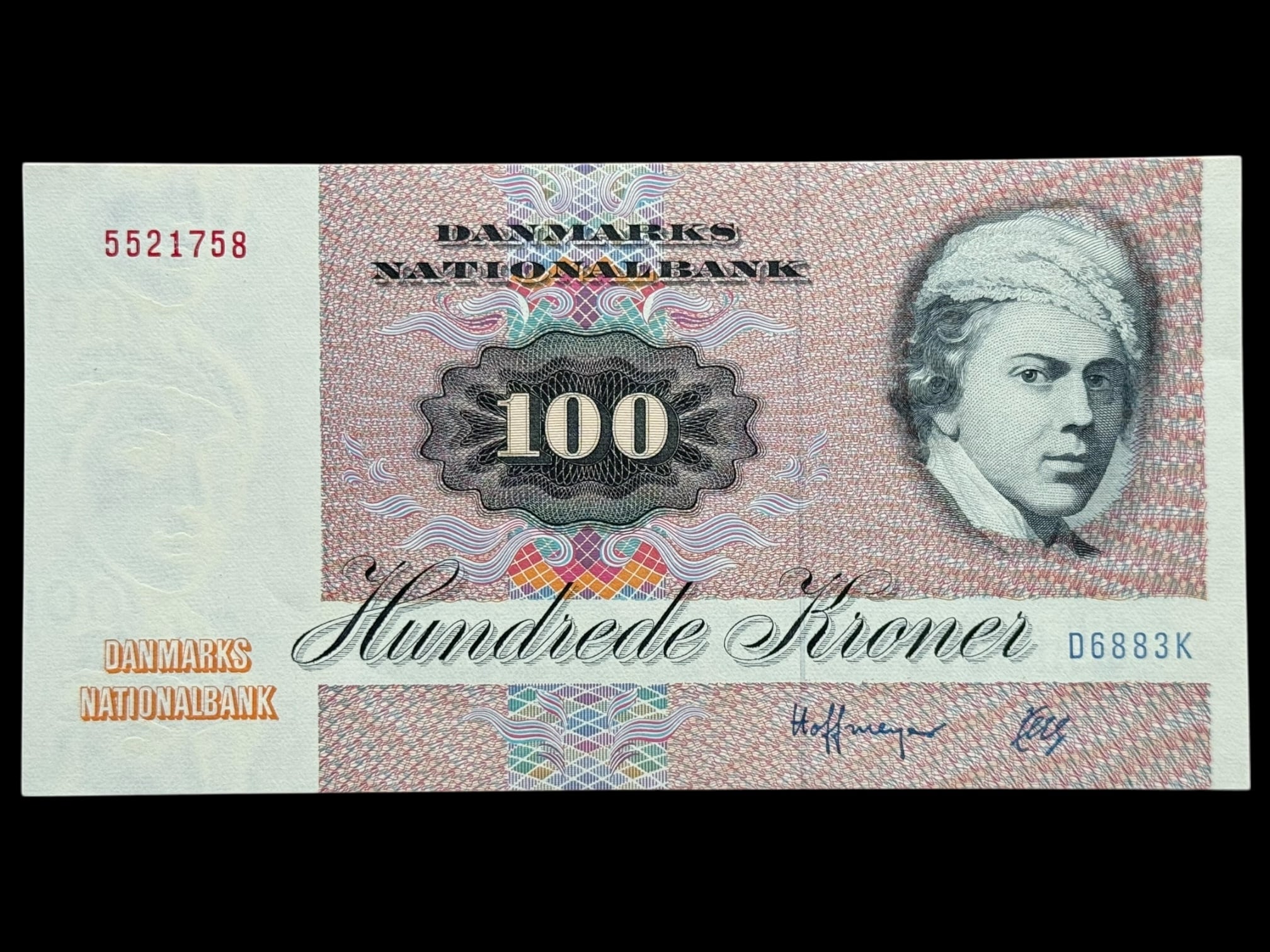 100 kroner 1988 D6, Herly/Hoffmeyer, Nr. 5521758, Sieg 142, DOP 151, Pick 51, Kva. 0