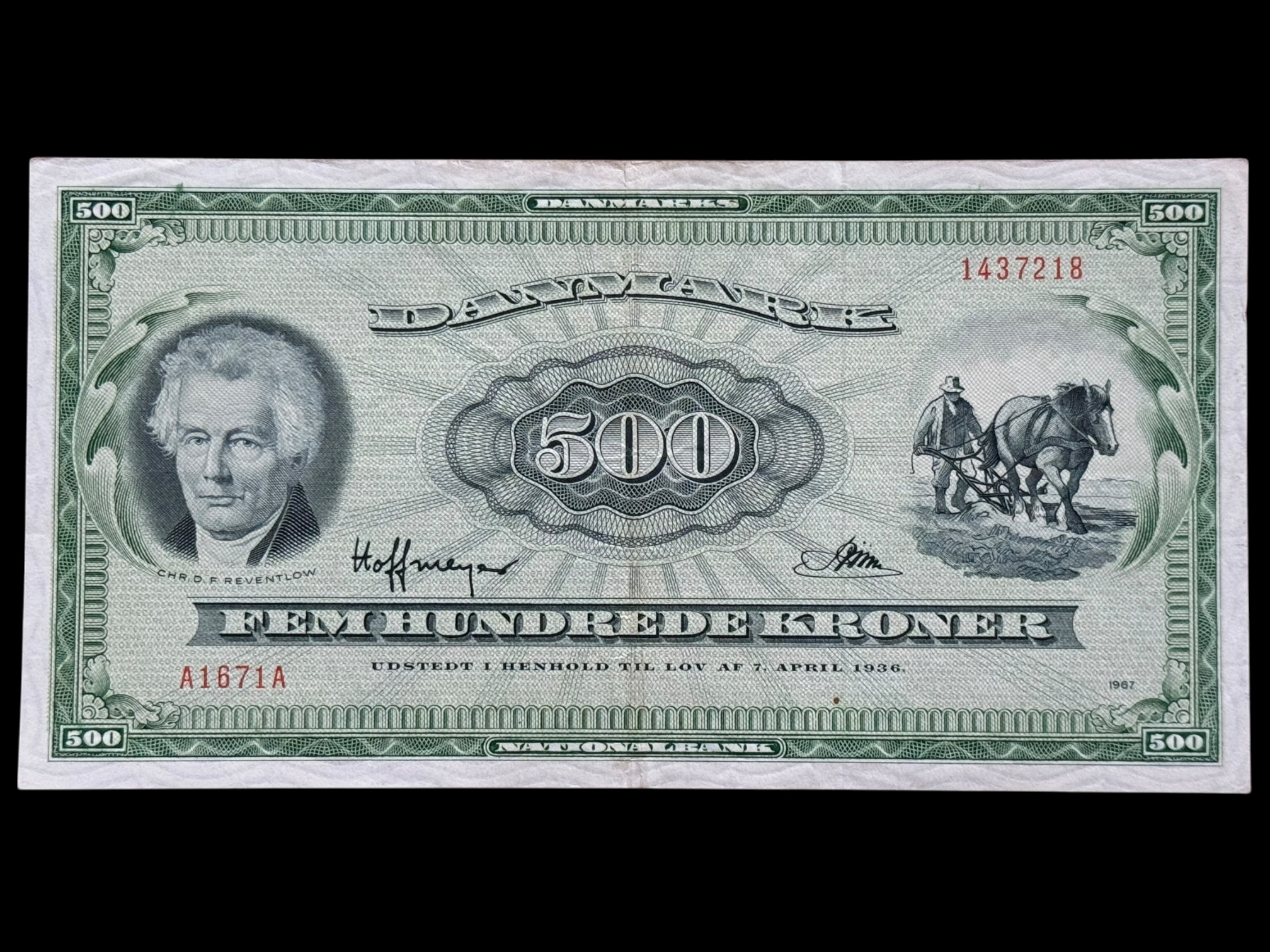 500 kroner 1967 A1, Riim/Hoffmeyer, Nr. 1437218, Sieg 138, Pick 47d, DOP 147, Kva. 1+-01