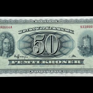 50 kroner 1966 A6, Riim/Hoffmeyer, Nr. 9338665-68, Sieg 135, DOP 144, Pick 45, Kva. 0-01 "Modelfoto"