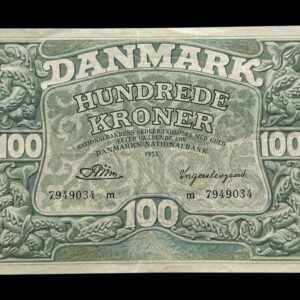 100 kroner 1953 m, Riim/Ingerslevgaard, Nr. 7949034, Sieg 126, DOP 135, Pick 39, Kva. 01