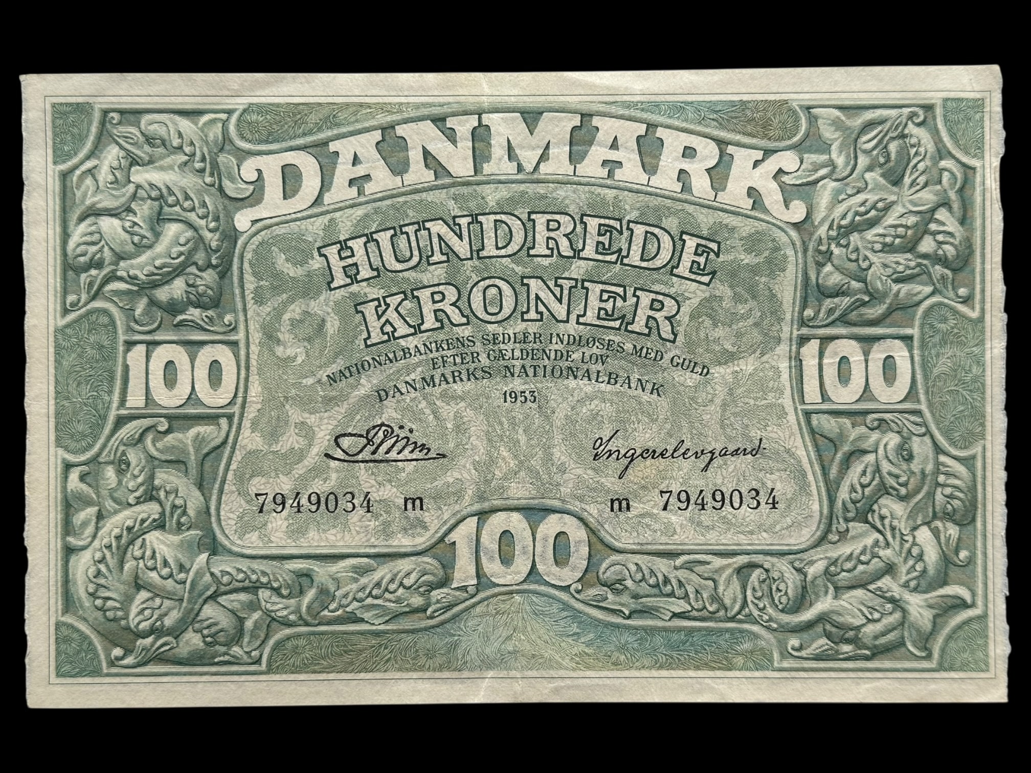 100 kroner 1953 m, Riim/Ingerslevgaard, Nr. 7949034, Sieg 126, DOP 135, Pick 39, Kva. 01