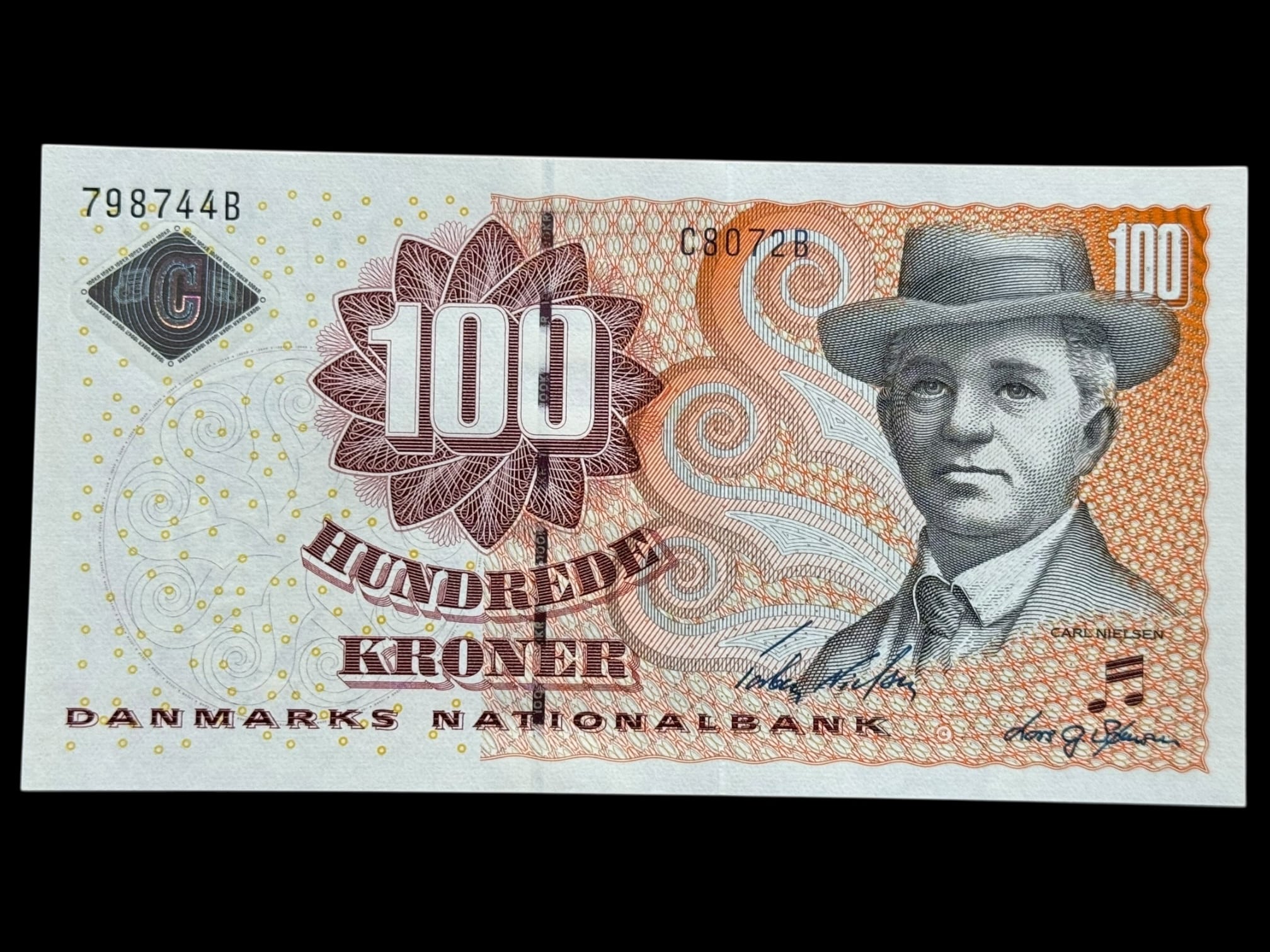 100 kroner 2007 C8, Lars G. Sørensen/Torben Nielsen, Nr. 798744B, Sieg 152, Pick 61, Kva. 0