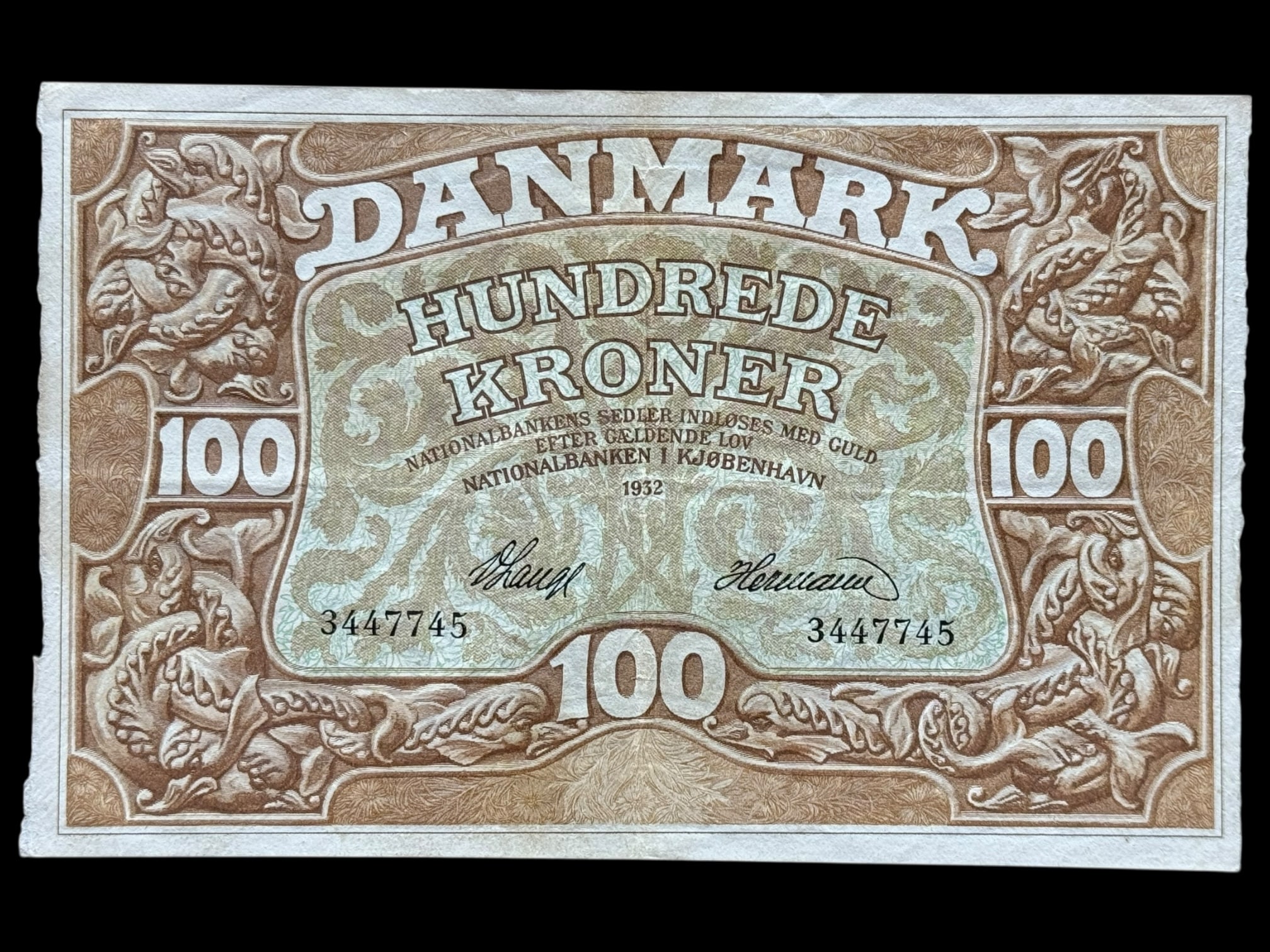 100 kroner 1932, V.Lange/Herman, Nr. 3447745, Sieg 110, Pick 28, DOP 121, Kva. 1+
