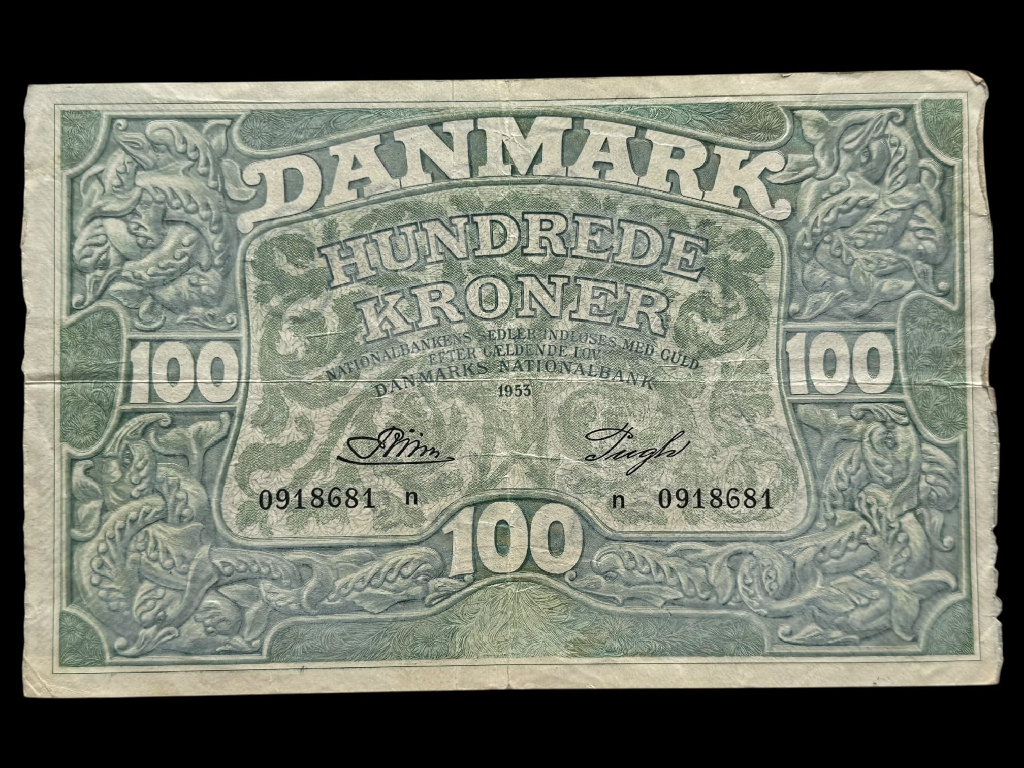 100 kroner 1953 n, Riim/Pugh, Nr. 0918681, Sieg 126, DOP 135, Pick 39, Kva. 1-1+