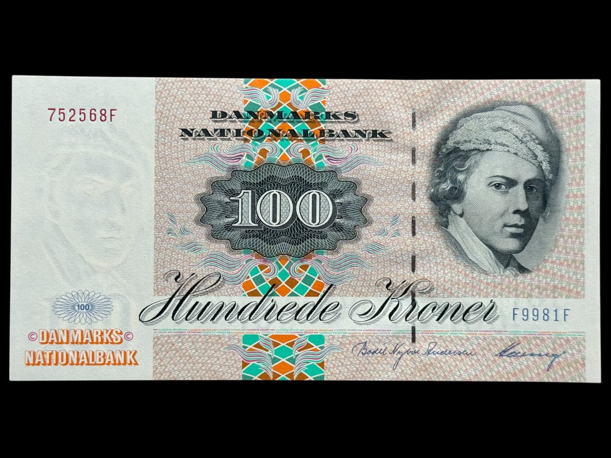 100 kroner 1998 F9, Heering/Bodil Nyboe Andersen, Nr. 752568, Sieg 143, DOP 154, Pick 54, Kva. 0
