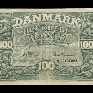 100 kroner 1955 n, Riim/Matthiesen, Nr. 2127998, Sieg 126, DOP 135, Pick 39, Kva. 1