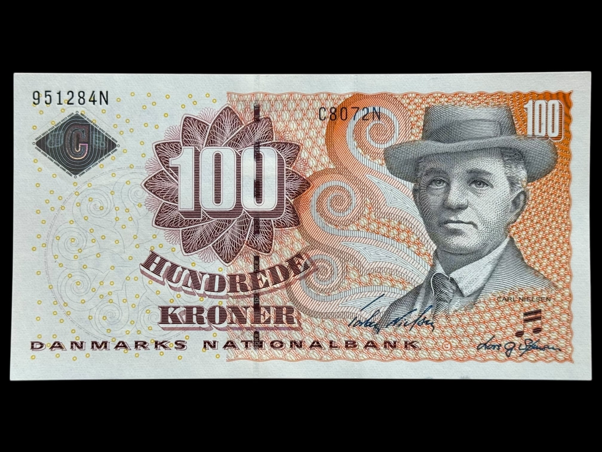 100 kroner 2007 C8, Lars G. Sørensen/Torben Nielsen, Nr. 951284N, Sieg 152, Pick 61, Kva. 0
