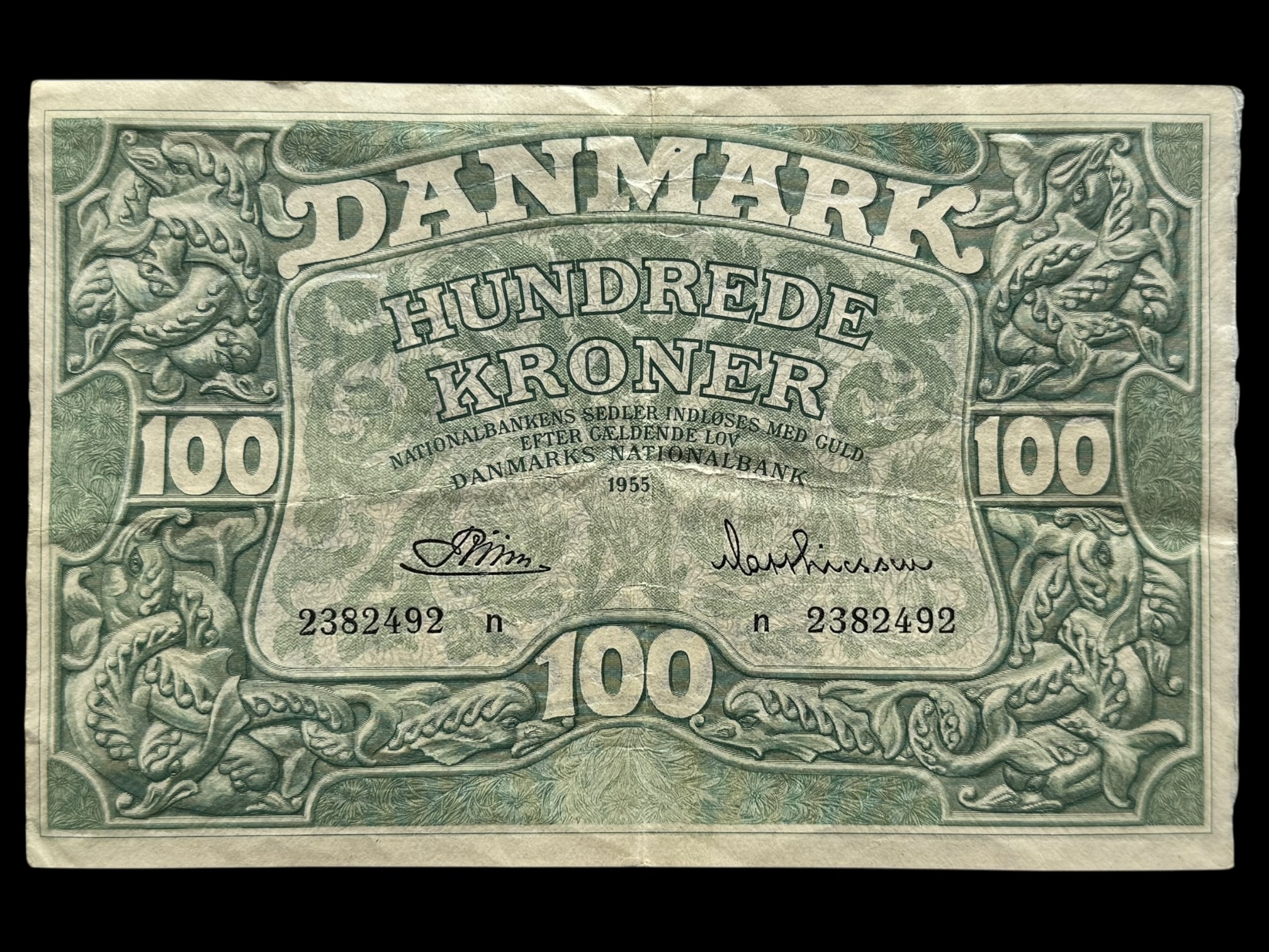 100 kroner 1955 n, Riim/Matthiesen, Nr. 2382492, Sieg 126, DOP 135, Pick 39, Kva. 1-1+