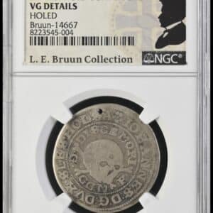 1/4 daler / taler 1622, Sønderborg, Hertug Johan (Hans) den yngre, Dødsdaler, Mindemønt udgivet i forbindelse med Hertug Johanns død, Sieg 19, Lange 546, Bruun 14667, Kva. 1-1- perf., Graderet VG details af NGC, Meget Sjælden, From the L. E. Bruun Collection.