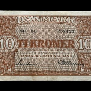 10 kroner 1944 BQ, Svendsen/Hellerung, Nr. 258423, Sieg 120, DOP 129, Pick 36, Kva. 1+