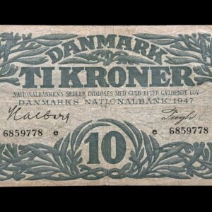 10 kroner 1947 e, Halberg/Pugh, Nr. 6859778, Sieg 122, DOP 131, Pick 37, Kva. 1
