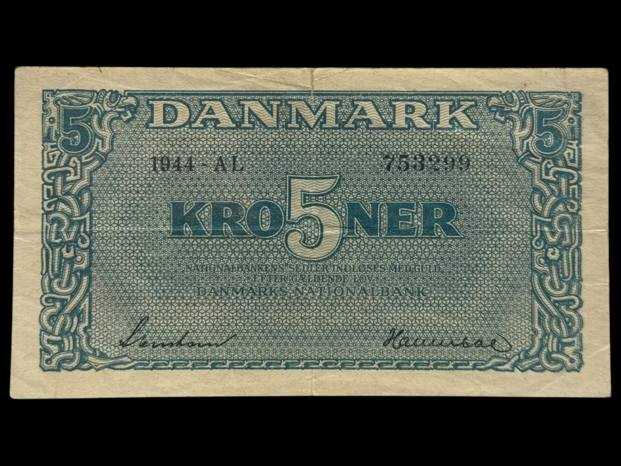 5 kroner 1944 AL, Svendsen/Hannibal, Nr. 753299, Sieg 118, DOP 128, Pick 35, Kva. 1