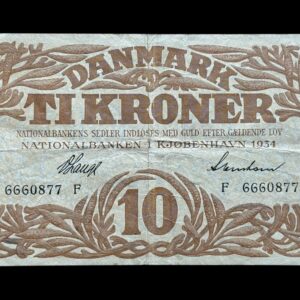 10 kroner 1934 F, V.Lange/Svendsen, Nr. 6660877, Sieg 104, DOP 119, Pick 26, Kva. 1-1+