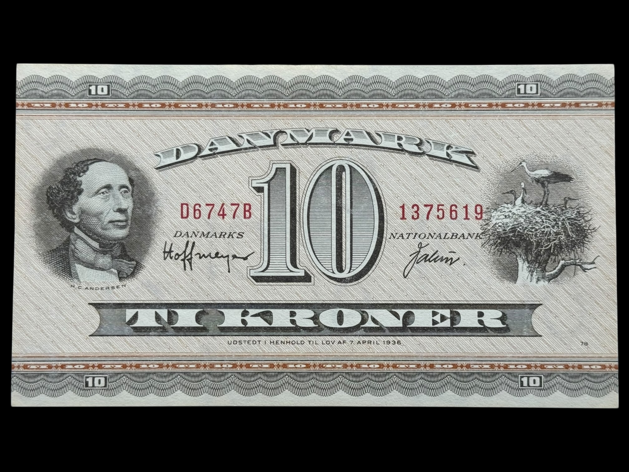 10 kroner 1974 D6, Valuer/Hoffmeyer, Nr. 1375619, Sieg 133, DOP 142, Pick 44, Kva. 0