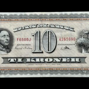 10 kroner 1959 F6 0J, Riim/Svend Nielsen, Nr. 4265690, Sieg 133, DOP 142, Pick 44, Kva. 1+ "Ukendt litra nr. i følge siges"