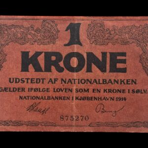 1 krone 1914 Klipfisk, V.Lange/Bang, Nr. 875270, Sieg 115, DOP 110, Pick 10 Kva. 1+ "uhyre sjælden variant med kroget 1 tal"