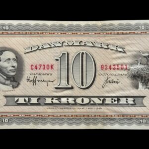 10 kroner 1973 C4 OK, Valuer/Hoffmeyer, Nr. 9343501, Sieg 133, DOP 142, Pick 44, Kva. 1+